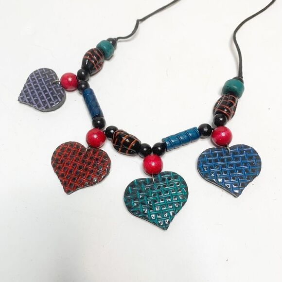 Handcrafted Chunky Ceramic Bead and Heart Four Pendants Necklace on Black Cord - Picture 2 of 3